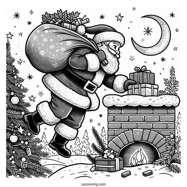 Santa Claus Climbing Into Chimney With Sack Of Presents