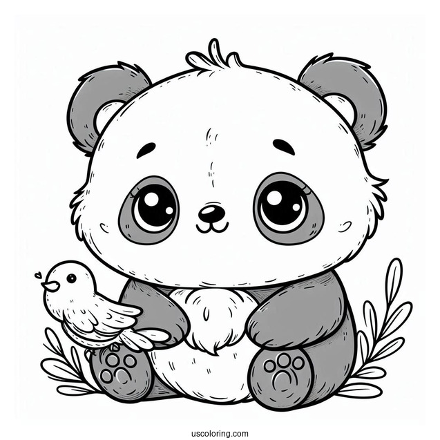 Tiny Bird Sitting On Baby Panda Coloring Page Head
