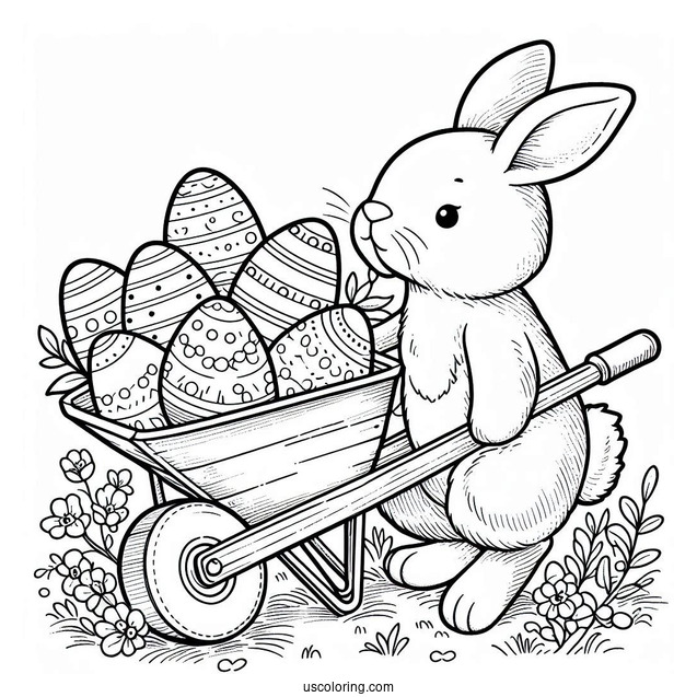 Easter Coloring Page Of Rabbit Pulling Wheelbarrow Full Of Easter Eggs