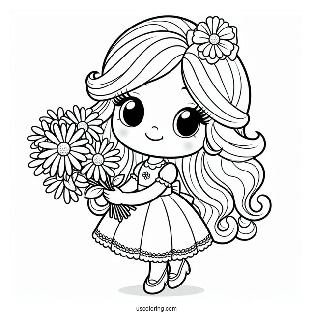 Cartoon Princess Daisy Coloring Page Holding Flower Bouquet