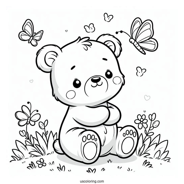 Cute Bear Coloring Page Sitting In Grass With Butterflies