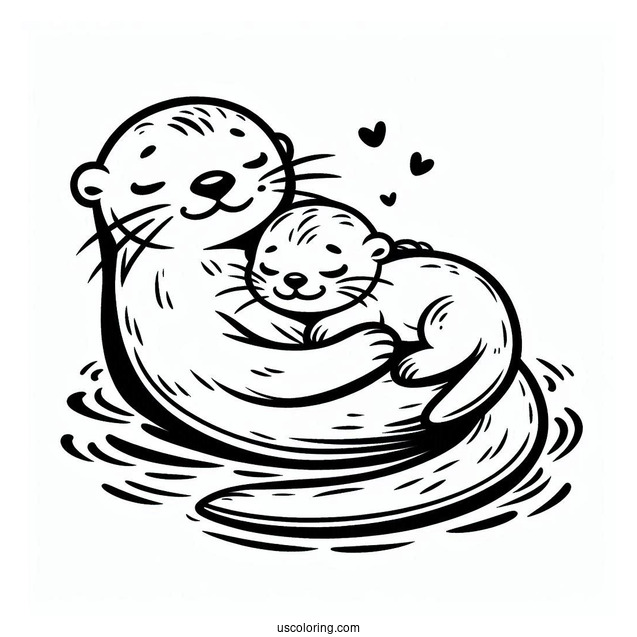 Baby Otter Coloring Page Sleeping On Top Of Mother Otter While Floating