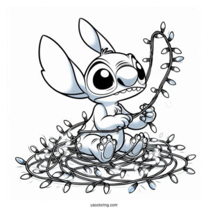 Stitch Tangled In Christmas Lights Coloring Page