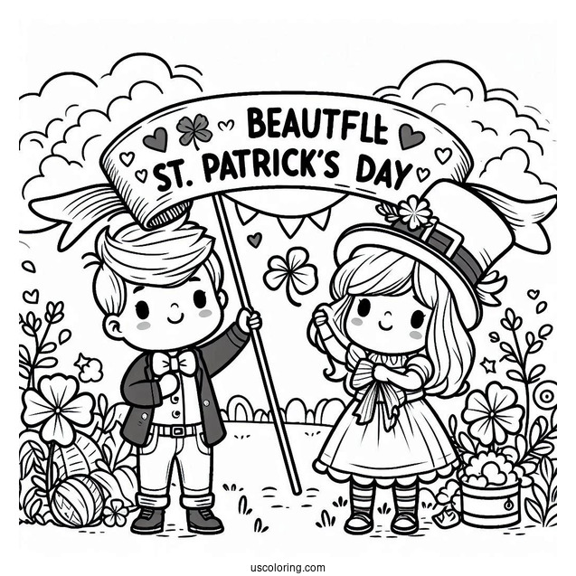 St. Patrick's Day Coloring Page Kids Holding Of A St Patrick s Day Banner
