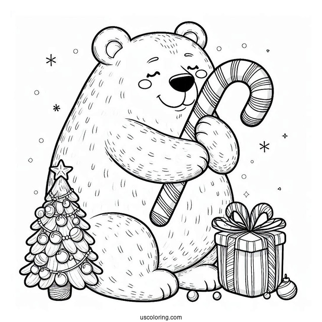 Big Polar Bear With Christmas Candy Canes Coloring In