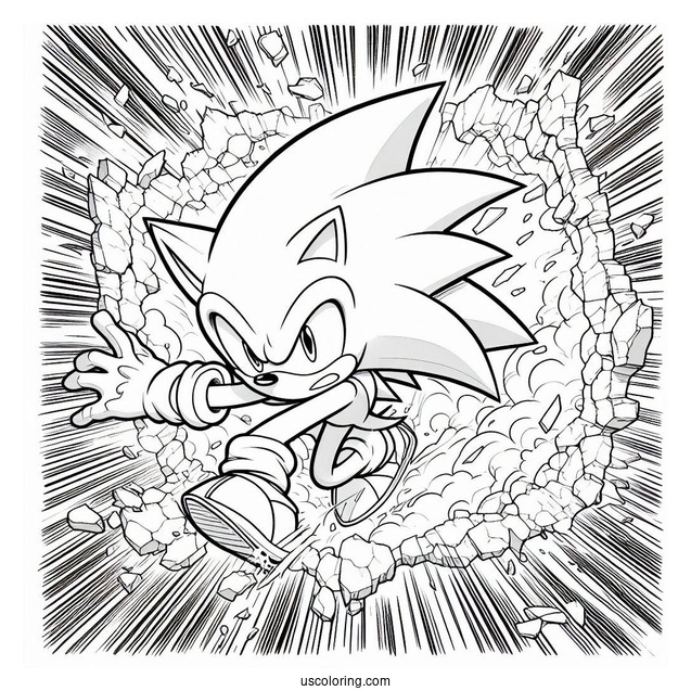 Realistic Super Sonic Coloring Page Breaking Through Wall