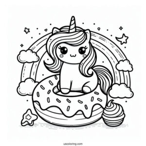 Kawaii Unicorn On A Donut Coloring Page