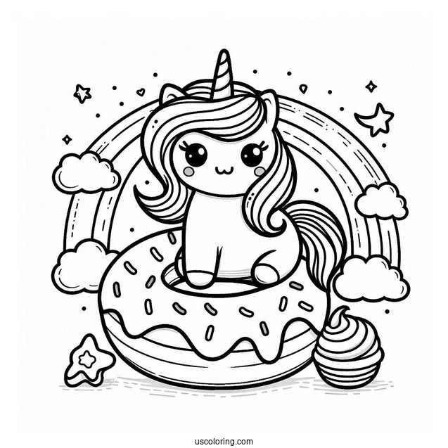 Kawaii Unicorn On A Donut Coloring Page