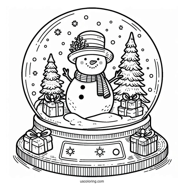 Snowman With Trees And Presents Snow Globe Coloring Page