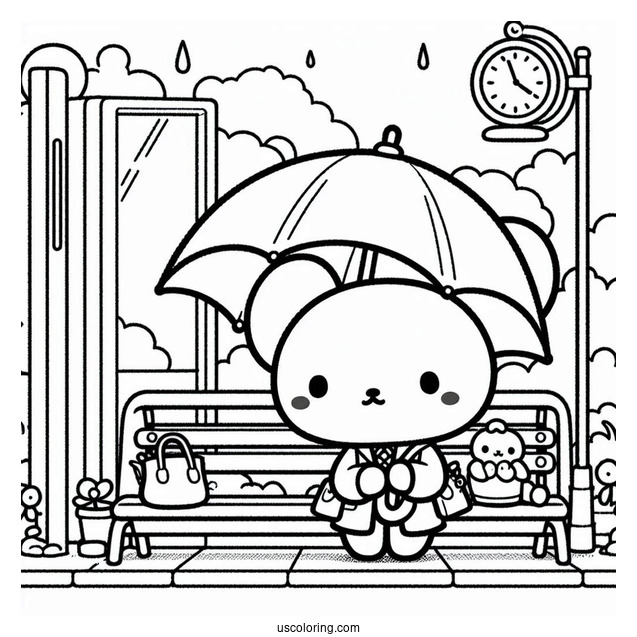 Pochacco Coloring Page Waiting At Bus Stop With Umbrella