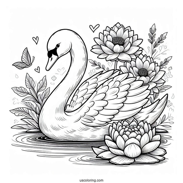 Regal Swan Coloring Page Floating In Pond With Large Flowers