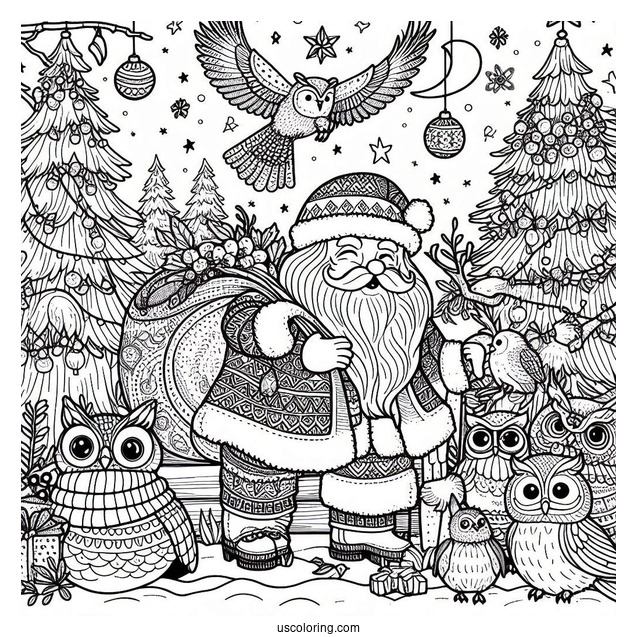 Christmas Coloring Pages For Adults Of Santa Claus Outdoors With Owls, Deer, Birds, And Squirrels