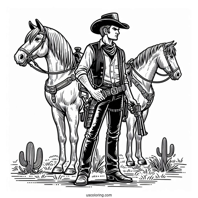 Cowboy Coloring Page With Guns Standing In Front Of Horse