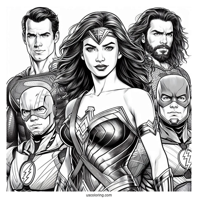 Justice League Coloring Page Of Realistic Superman, Cyborg, Wonder Woman, Aquaman, Flash, And Batman