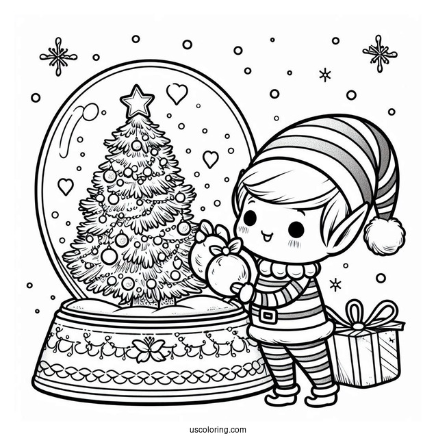 Cute Elves Decorating A Christmas Tree Snow Globe Coloring Page