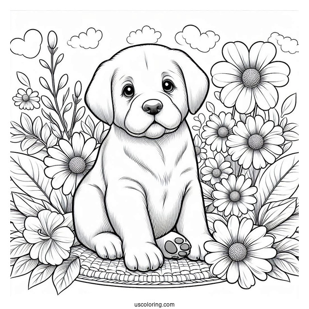 Labrador Puppy On Flower Bed Coloring Sheet
