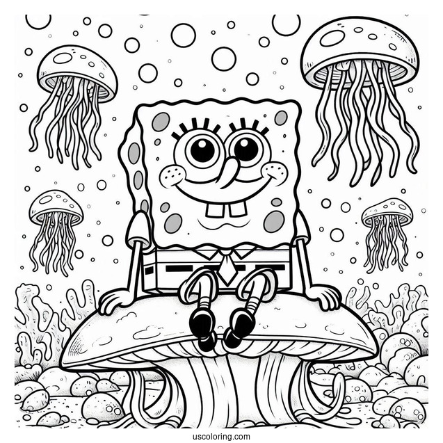 SpongeBob Coloring Page Sitting On Jellyfishes
