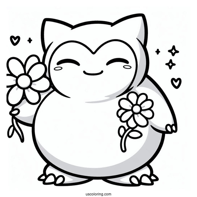 Kawaii Snorlax Coloring Page Holding Flower For Kids