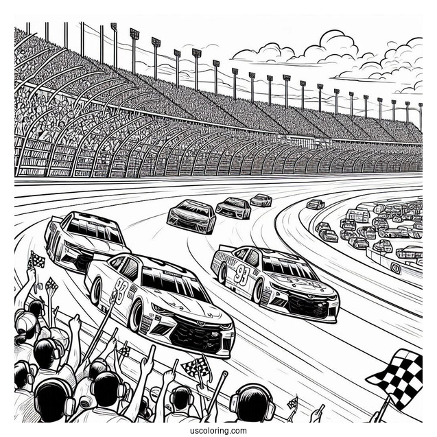 NASCAR Coloring Page Race Cars On Track With Crowd In Background