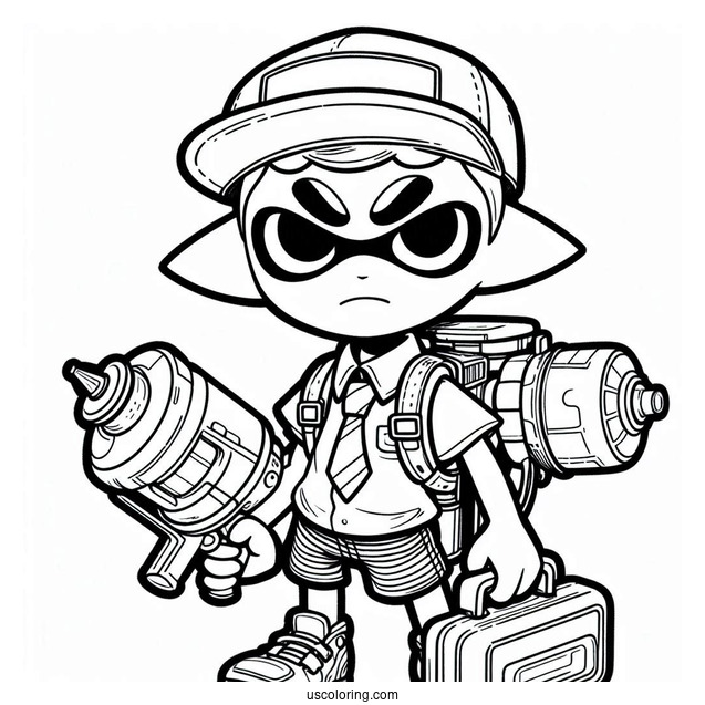 Splatoon Coloring Page Of Serious Octoling Boy Holding Inkjet