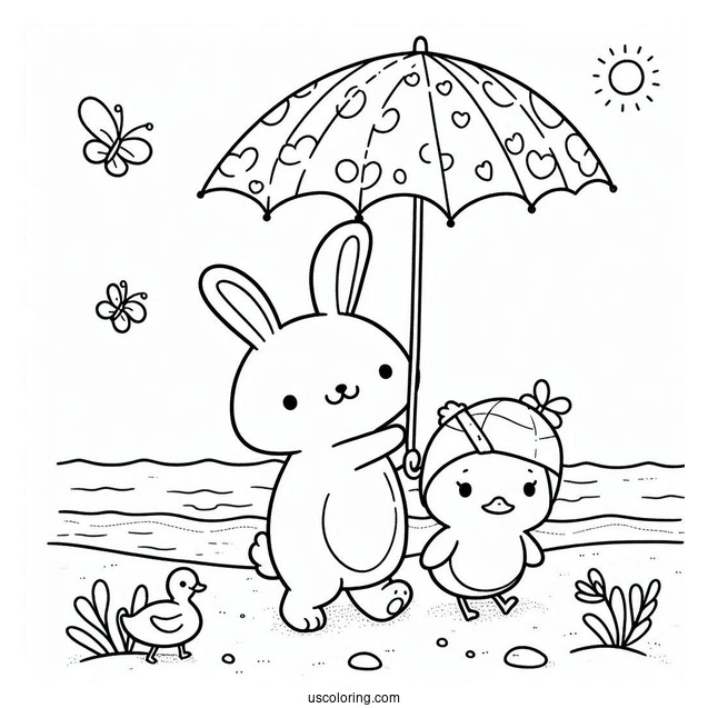 Cute Coloring Page Of Rabbit And Duck Walking Along The Beach Under An Umbrella