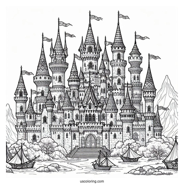 Fantasy Castle Coloring Page With Flags And Numerous Towers