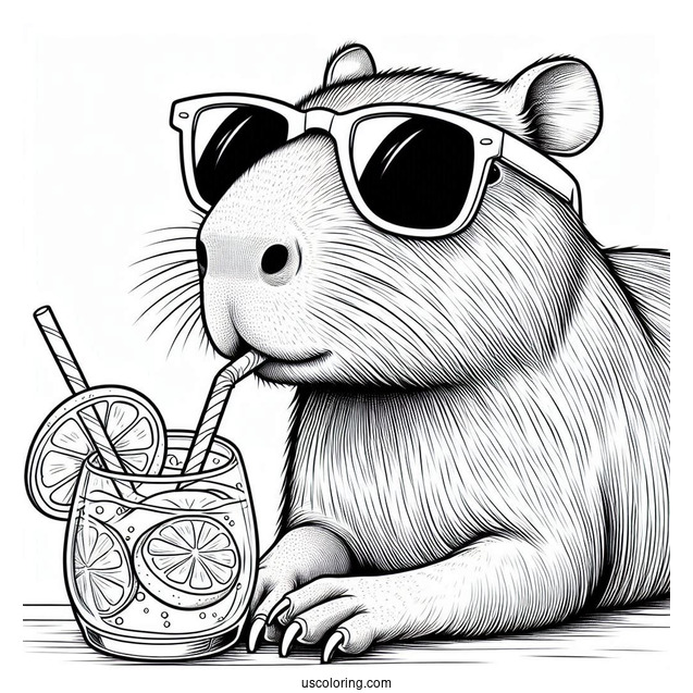 Capybara Coloring Page Wearing Sunglasses And Drinking Lemonade