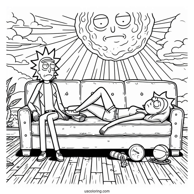 Rick and Morty Coloring Page Of Summer On A Couch Sinking Into The Floor