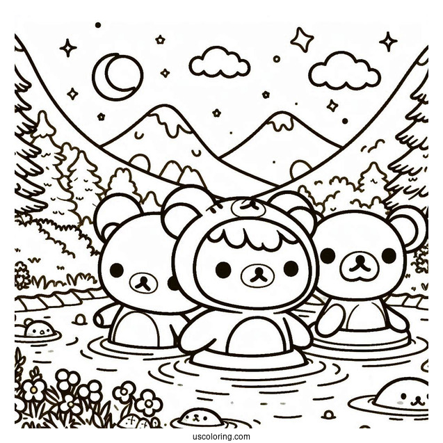 Rilakkuma Coloring Page And Korilakkuma In Otter Onesies Floating On The River With Kiiroitori