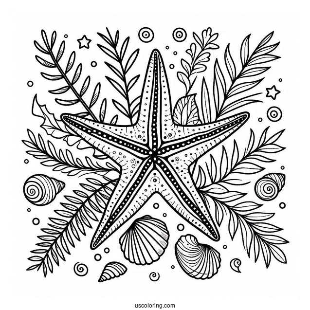 Starfish Coloring Page With Seashells And Seaweeds