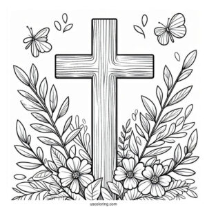 Simple Wooden Cross Coloring Page With Flowers And Leaves Outdoors For Kids