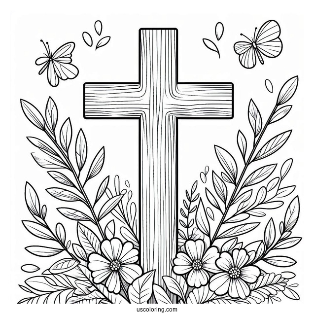 Simple Wooden Cross Coloring Page With Flowers And Leaves Outdoors For Kids