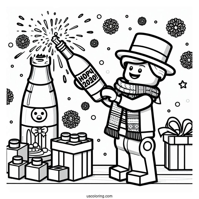 Lego Man Popping A Wine Bottle On New Year Coloring Page