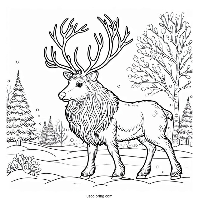 Coloring Page Of a Large Male Reindeer During Winter