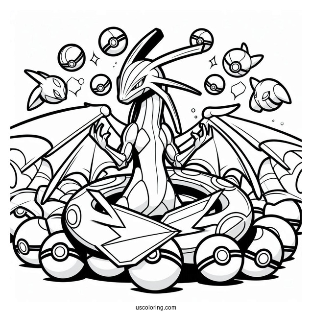 Rayquaza Coloring Page Surrounded By Pokeballs