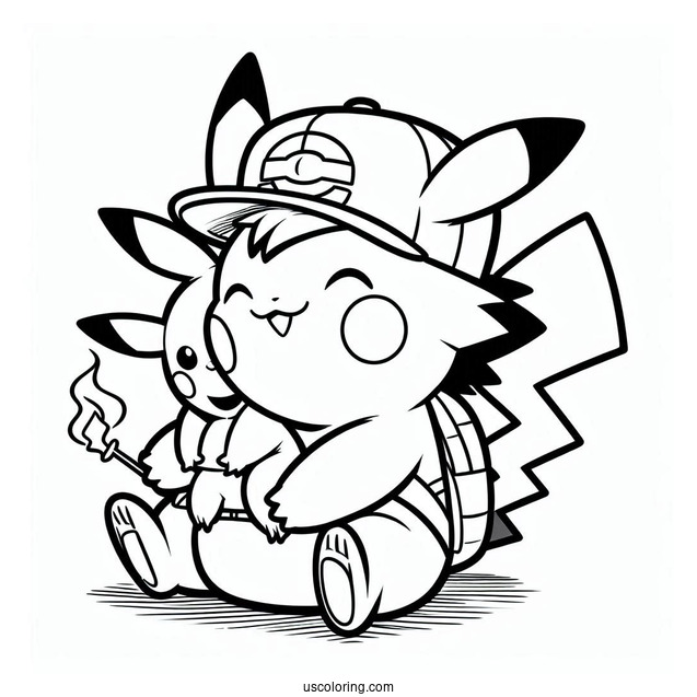 Simple Outline Of Ash Carrying Pikachu Coloring Page