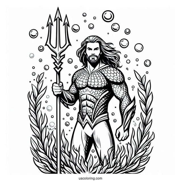 Aquaman Holding Trident Underwater Coloring Sheet