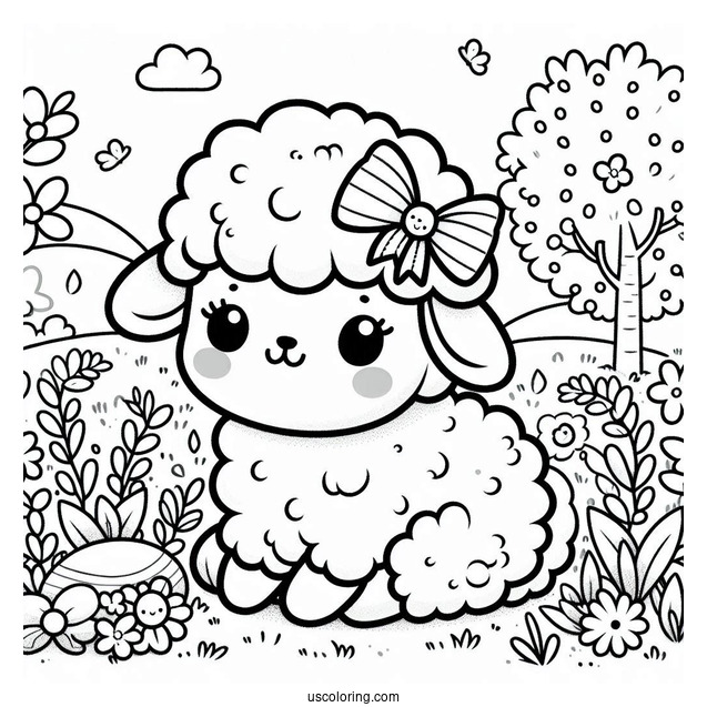 Kawaii Sheep With A Bow Sitting In The Middle Of A Garden In Spring