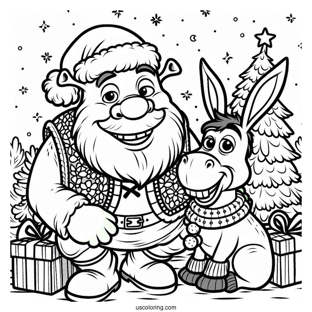Christmas Themed Shrek And Donkey Coloring Page