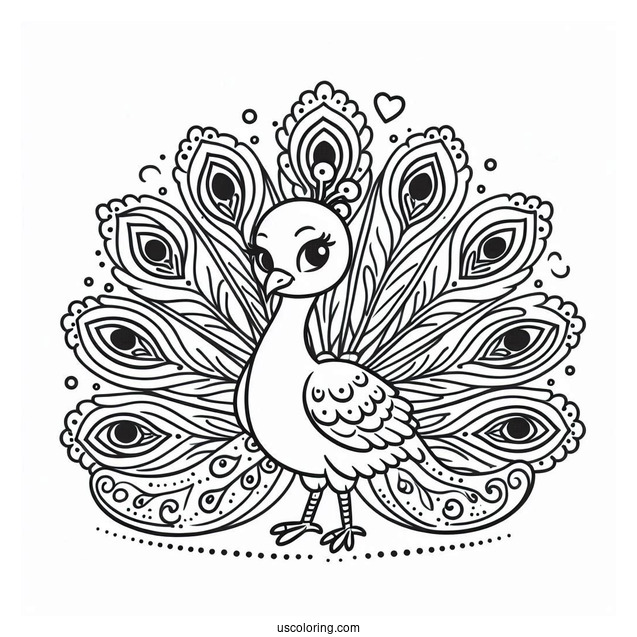Cute Peacock Coloring Page with Fanned Feathers For Kids
