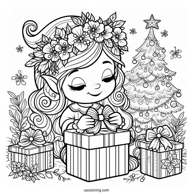 Coloring Page Of Elf Opening Present