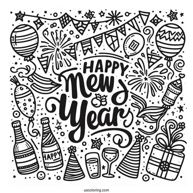 Happy New Year Coloring Page Of Words With Balloons, Party Hats, And Confetti