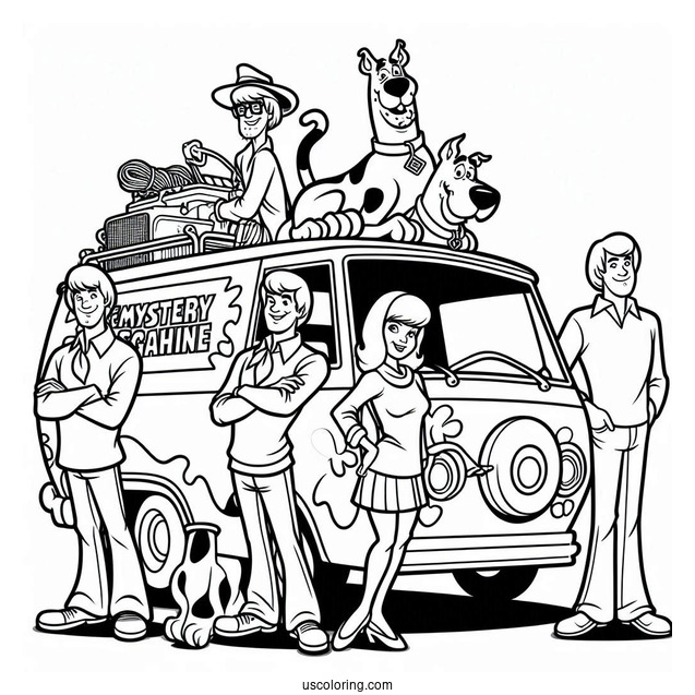 Scooby Gang With The Mystery Machine Coloring Page