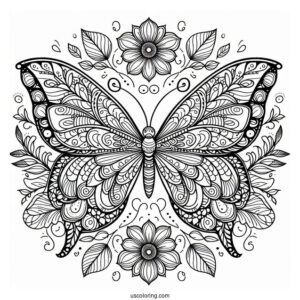 Grand Butterfly Coloring Page Mandala With Flowers And Leaves