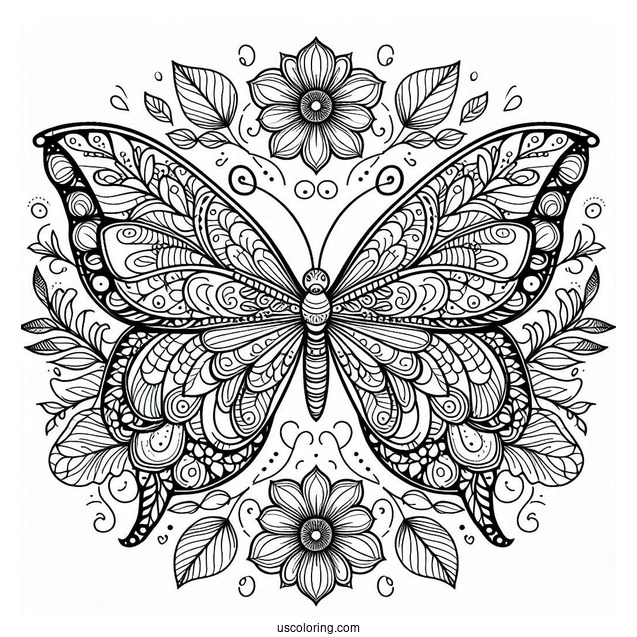 Grand Butterfly Coloring Page Mandala With Flowers And Leaves