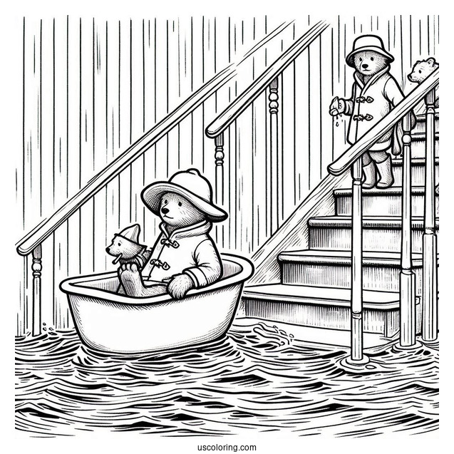 Paddington Coloring Page Riding Bathtub Down A Flooded Stairs