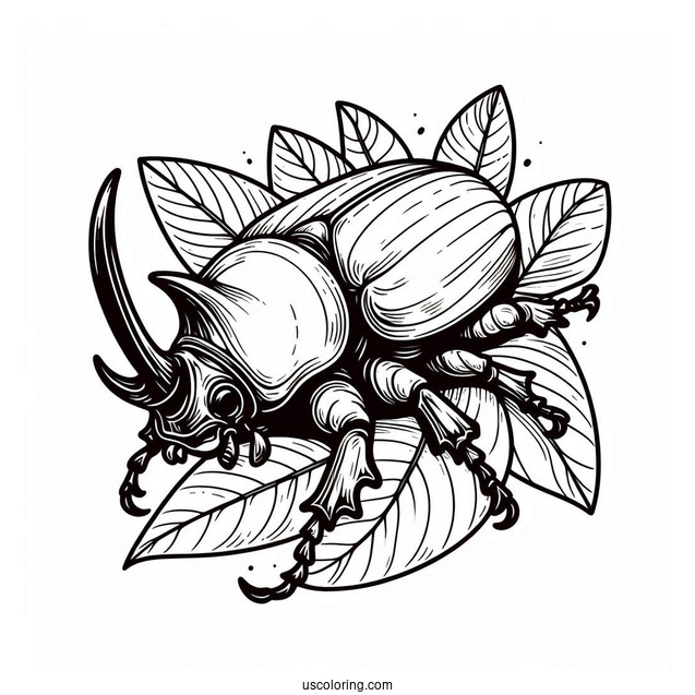Rhinoceros Beetle Coloring Page On A Leaf