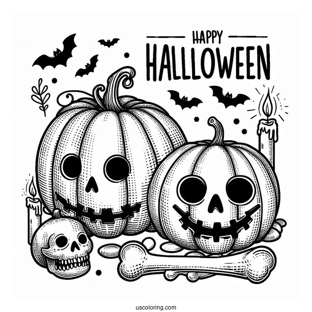 Pumpkin Coloring Page With Happy Halloween In Bones To Color