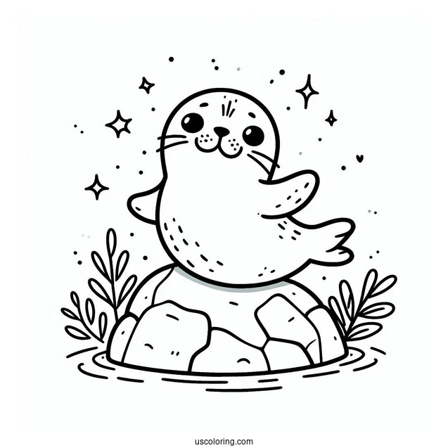 Happy Seal Coloring Page On A Rock For Kids