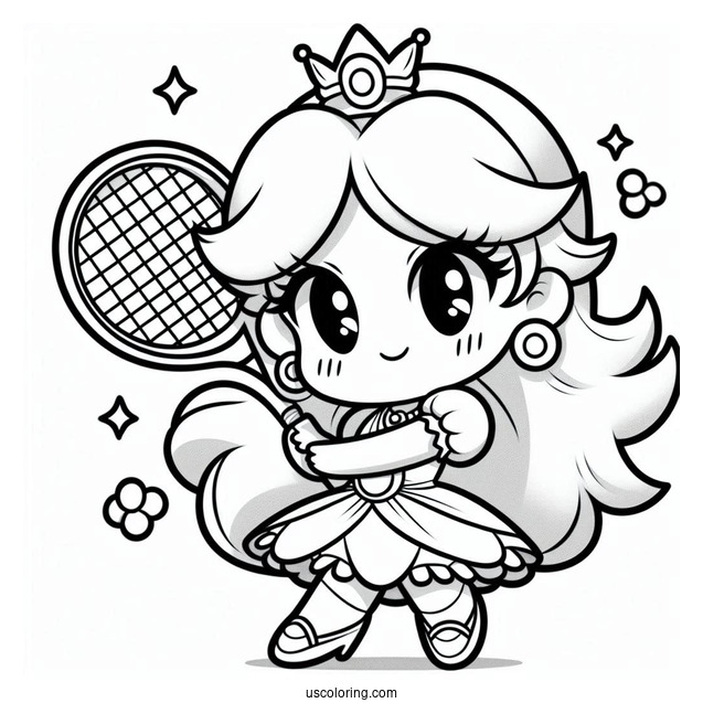 Kawaii Chibi Princess Daisy Coloring Page Holding Tennis Racket For Preschoolers